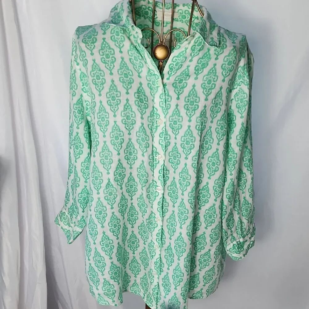 Linen Mint Green & White Summer Button Up Tunic 3/4 Sleeves